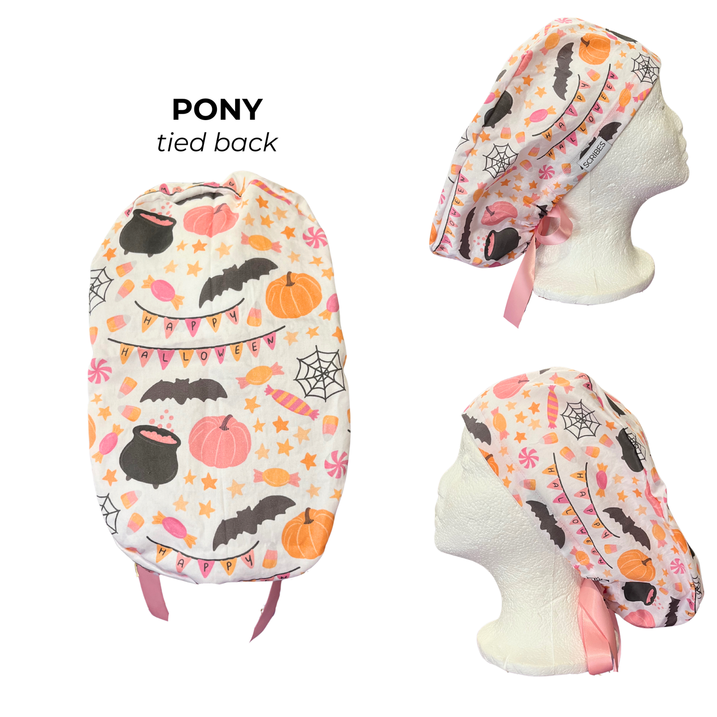 Happy Halloween with pumpkins and bats in Pony Scrub cap
