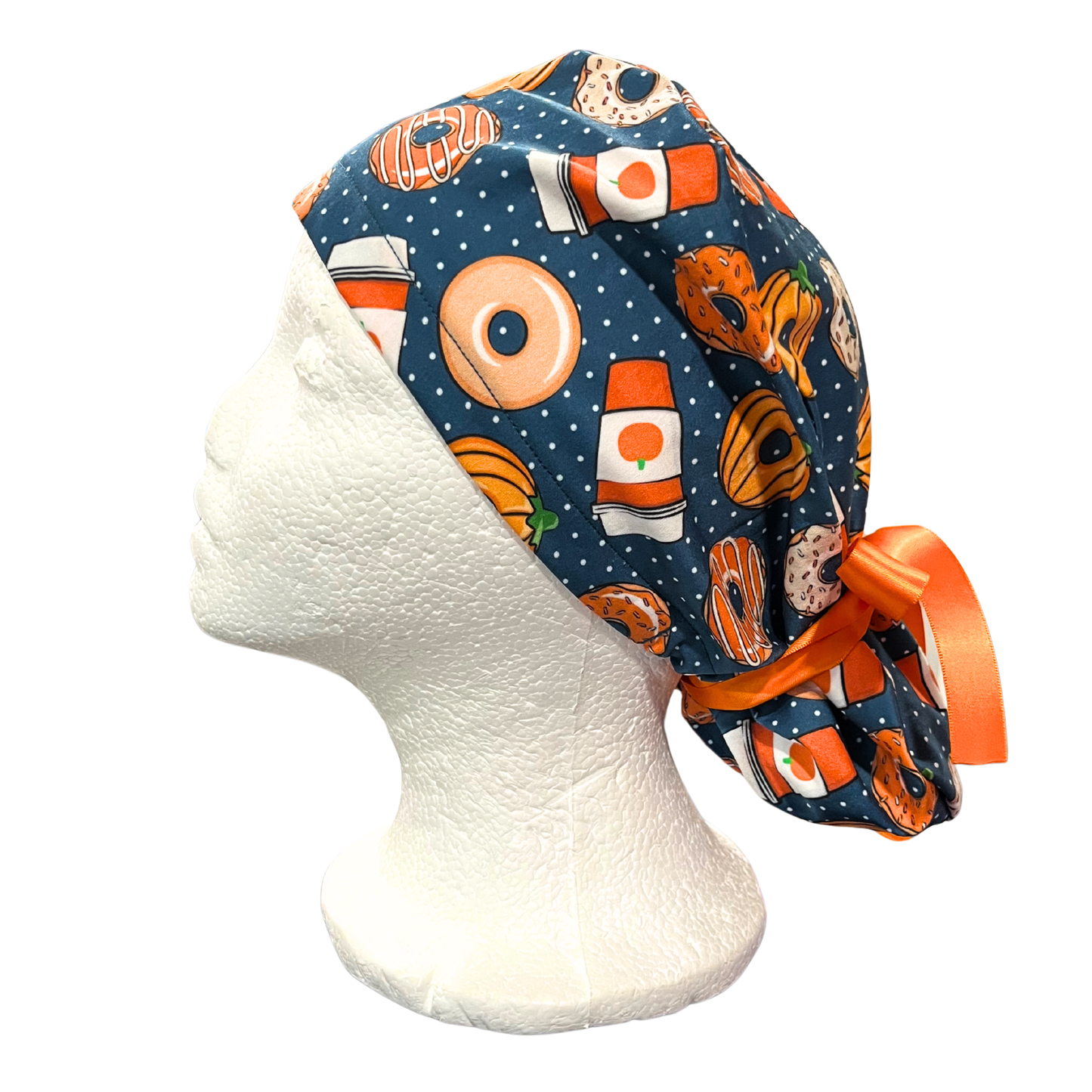 Donuts and pumpkin spice polka dots Pony Scrub cap
