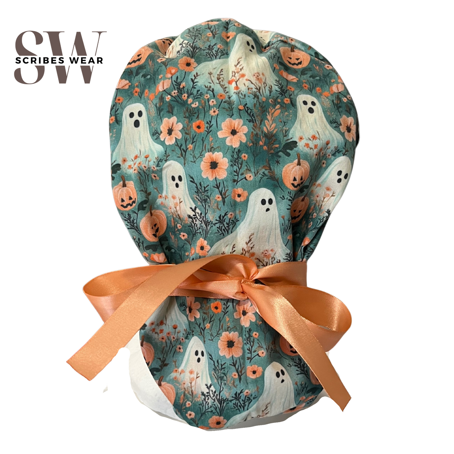 Pre-Order Peach Ghosts and Pumpkins, Halloween Pony Scrub cap Exclusive Print