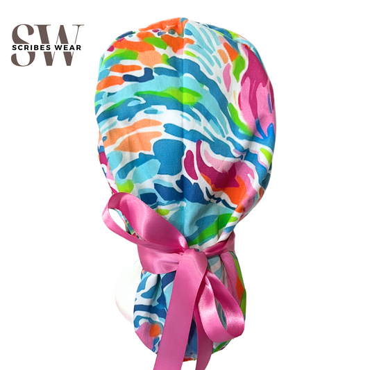 Florida Florals Pinks and Teals scrub cap in Pony Style