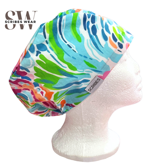 Florida Florals Pinks and Teals scrub cap in Euro Love Style
